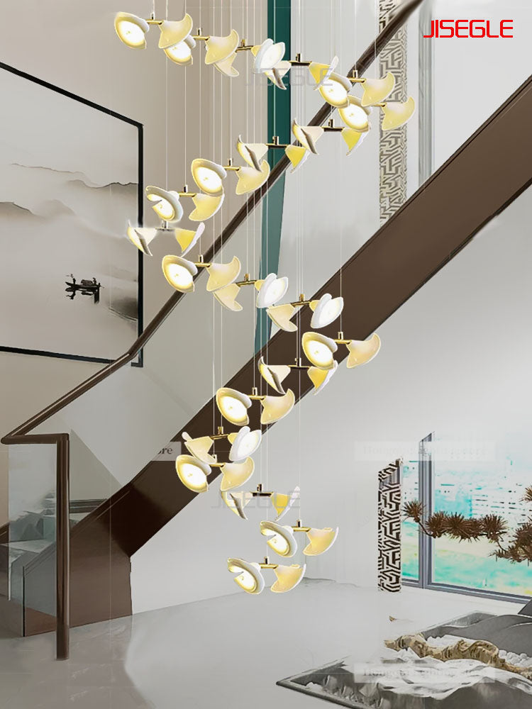 Compound staircase new chinese ceramic trumpet flower villa hotel living room chandelier customisation